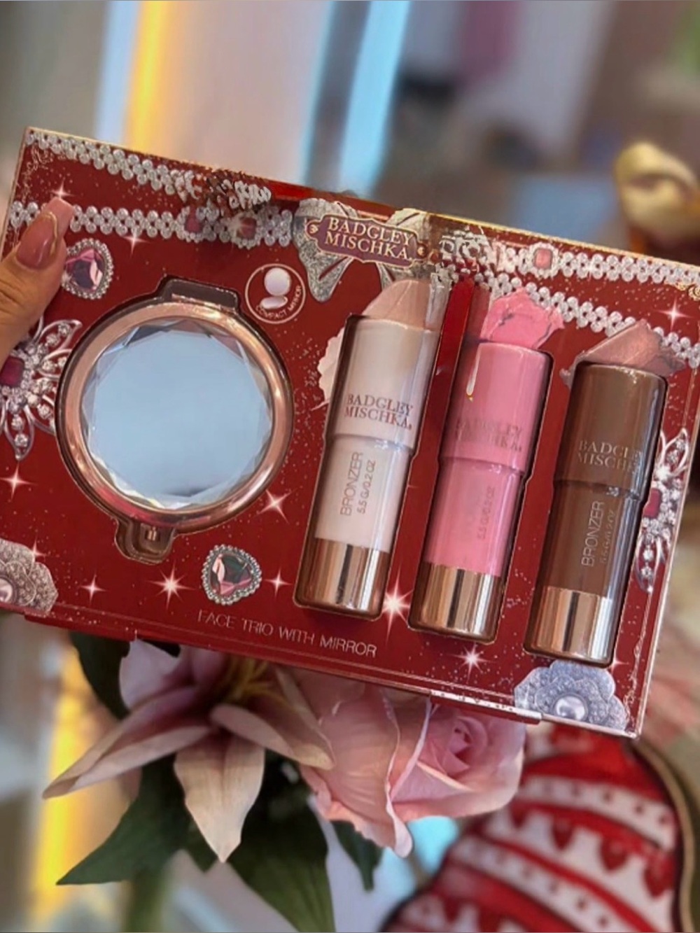 Badgley‎ Mischka Pink and Brown Face Trio with Mirror
